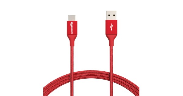 AmazonBasics Double Braided Nylon USB Type-C to Type-A 2.0 Male Cable for Laptop, 6 feet, Red